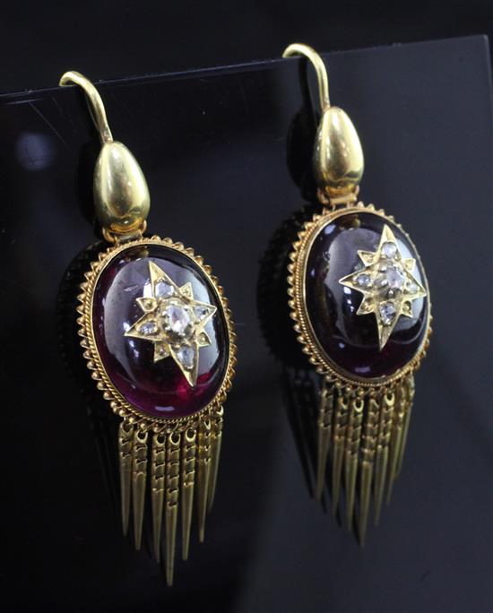 A pair of Victorian gold, cabochon almandine garnet and rose cut diamond set tassle drop earrings, 2in.